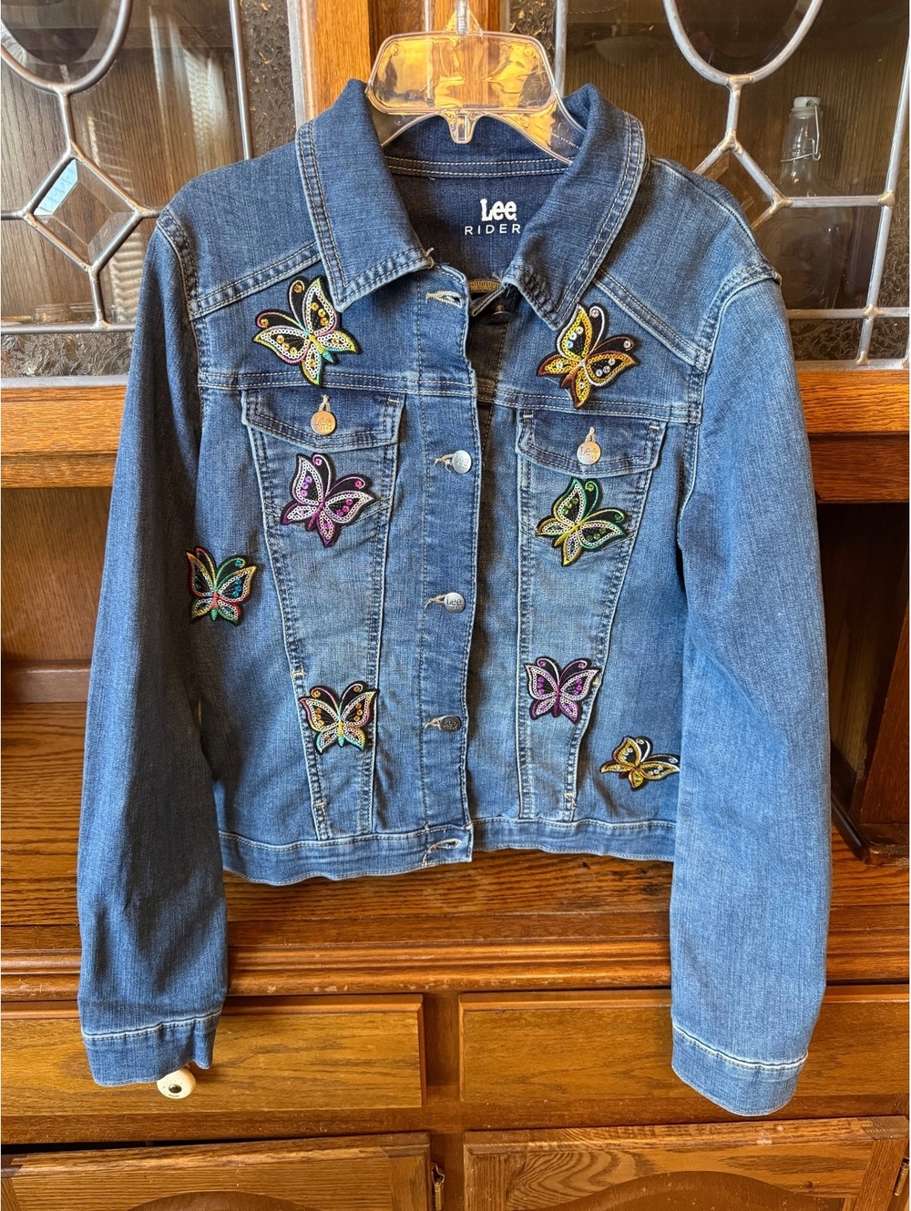 Lee Riders Denim Jacket Custom Sequin Butterfly Patches Size S Upcycled